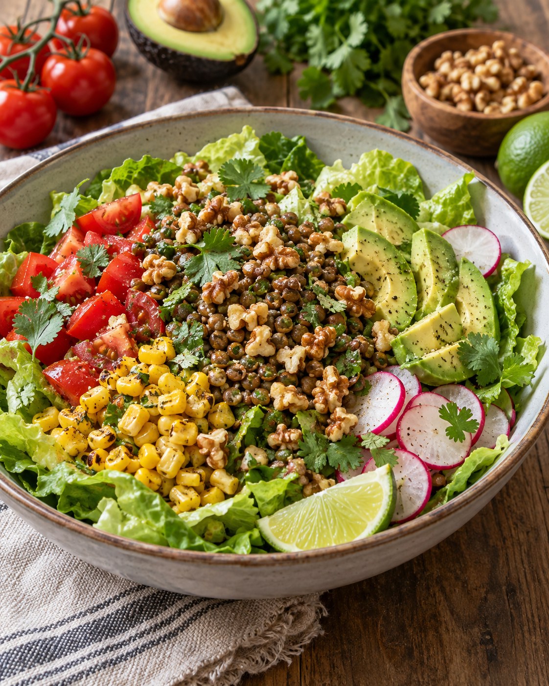 Lentil walnut taco salad with romaine, tomatoes, corn, avocado, radish, cilantro, and lime