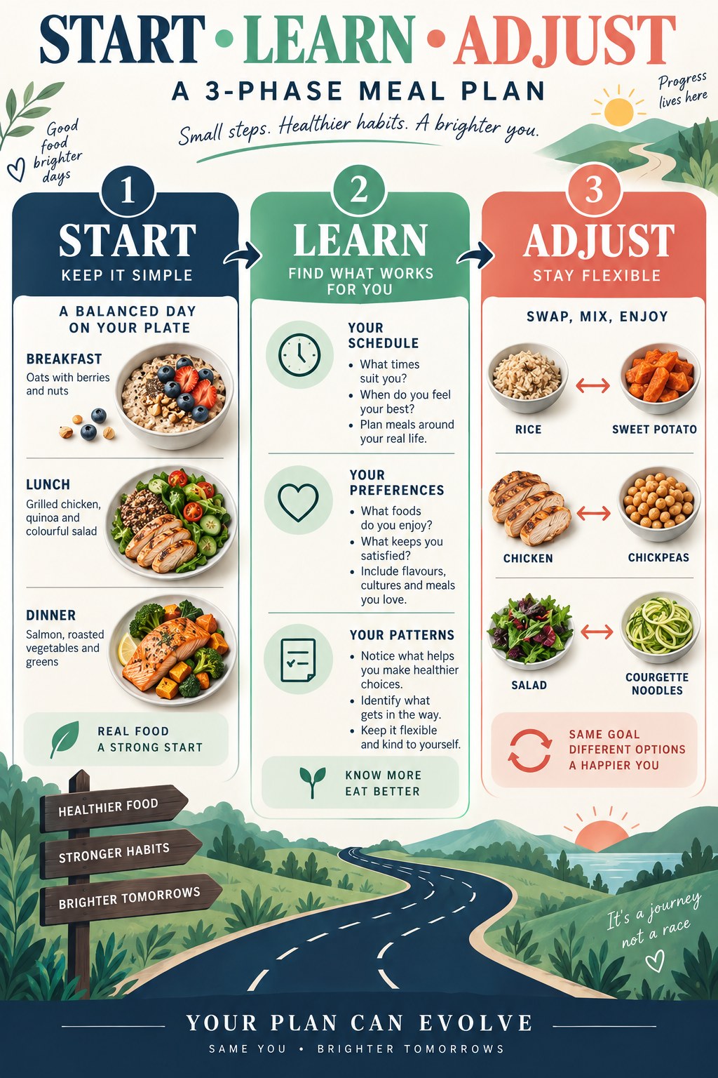 Three-phase meal planning roadmap labeled Start, Learn, and Adjust with balanced meals, reflection prompts, and food swaps.