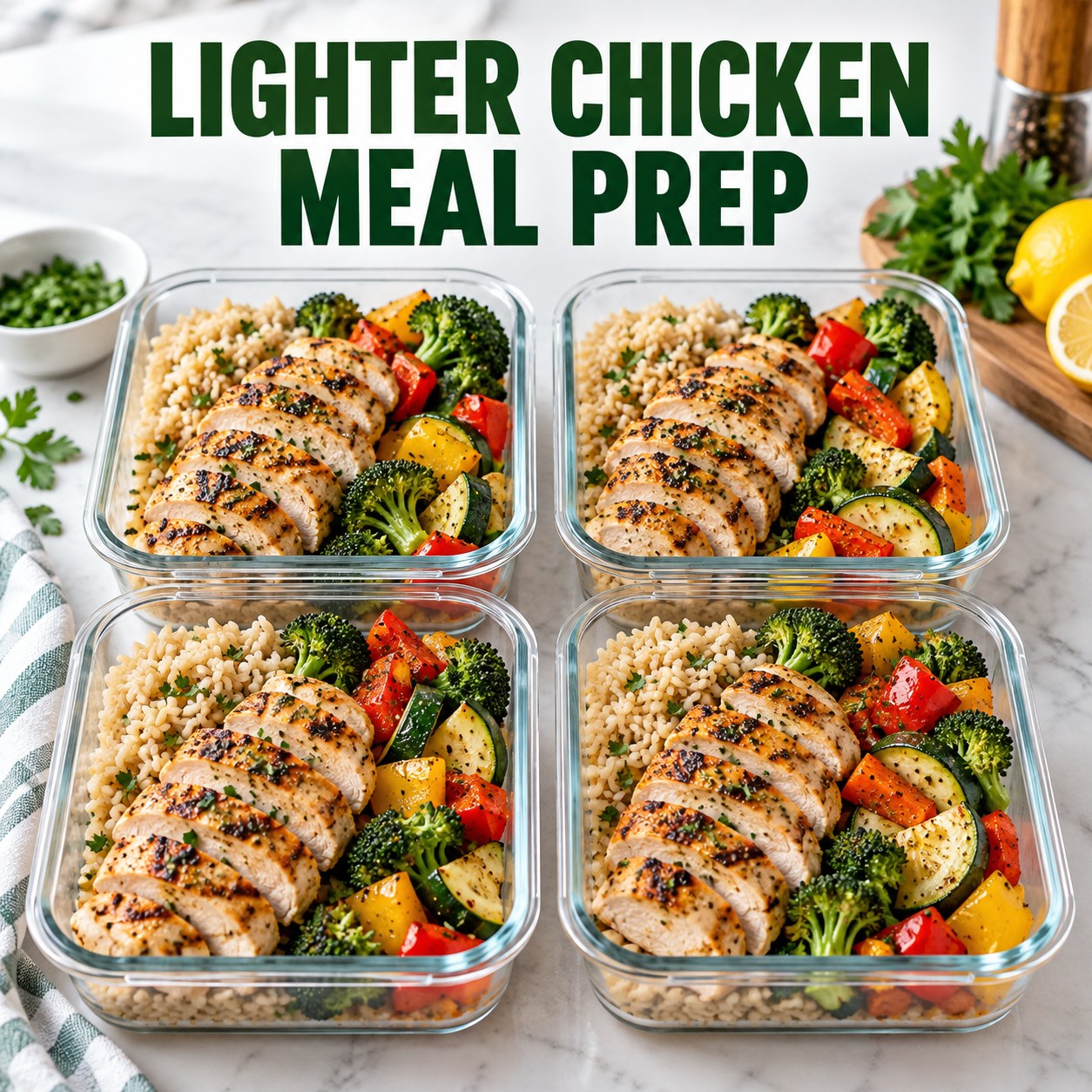 Three containers of lighter chicken brown rice prep boxes with chicken, brown rice, bell pepper, and mushrooms.