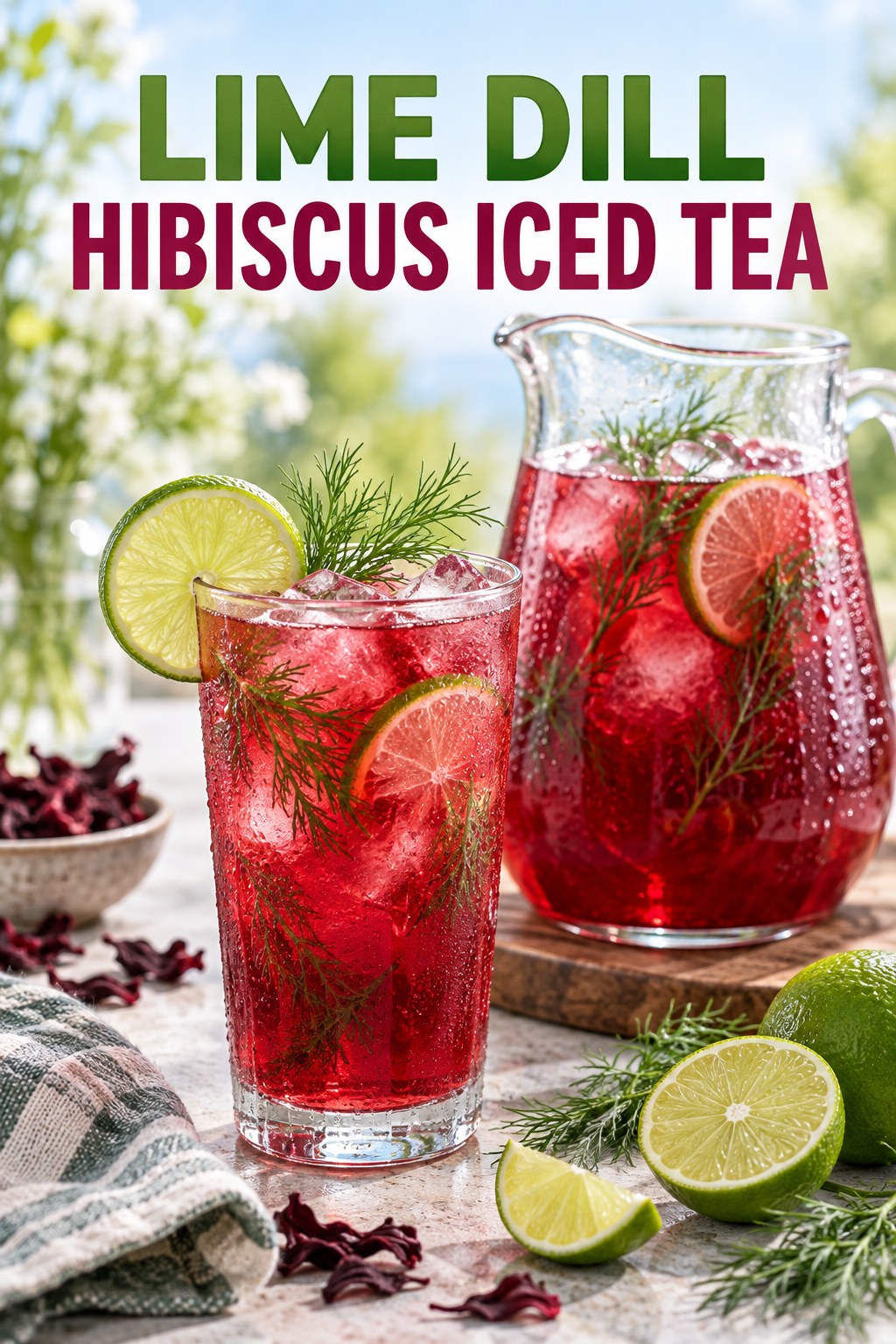 Portrait drink scene with lime, fresh dill, ice, and a chilled glass of hibiscus iced tea.