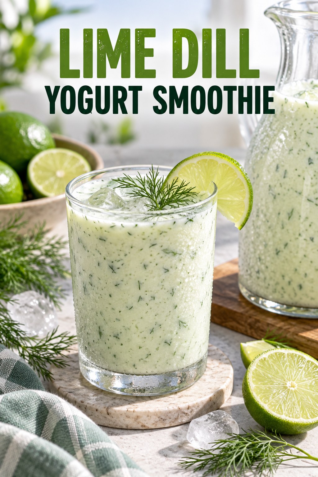 Portrait drink scene with lime, fresh dill, ice, and a chilled glass of yogurt smoothie.