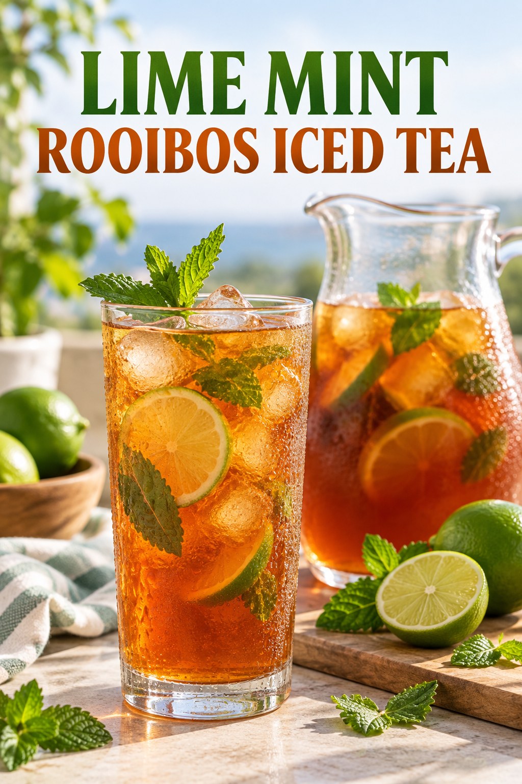 Portrait drink scene with lime, fresh mint, ice, and a chilled glass of rooibos iced tea.