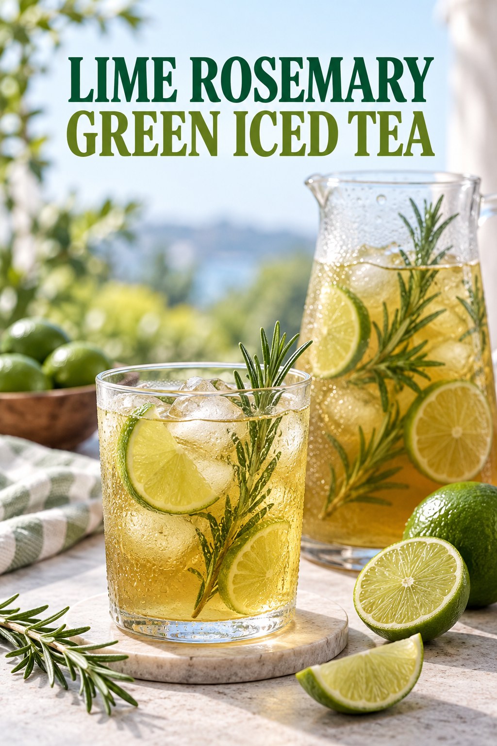 Portrait drink scene with lime, fresh rosemary, ice, and a chilled glass of green iced tea.