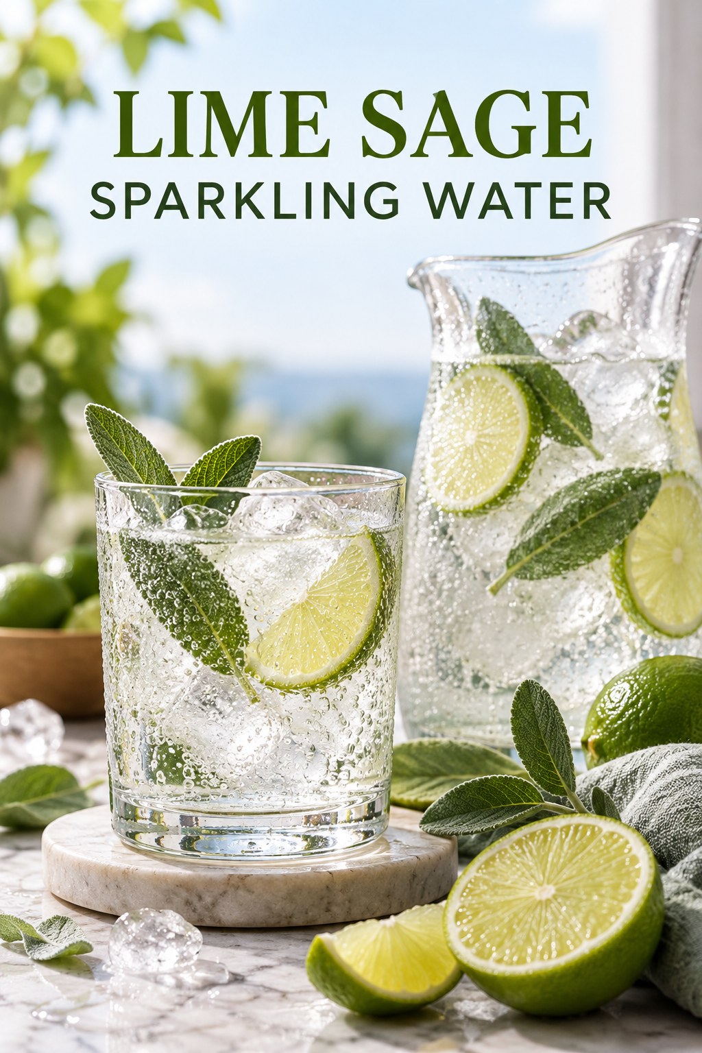 Portrait drink scene with lime, fresh sage, ice, and a chilled glass of sparkling water.