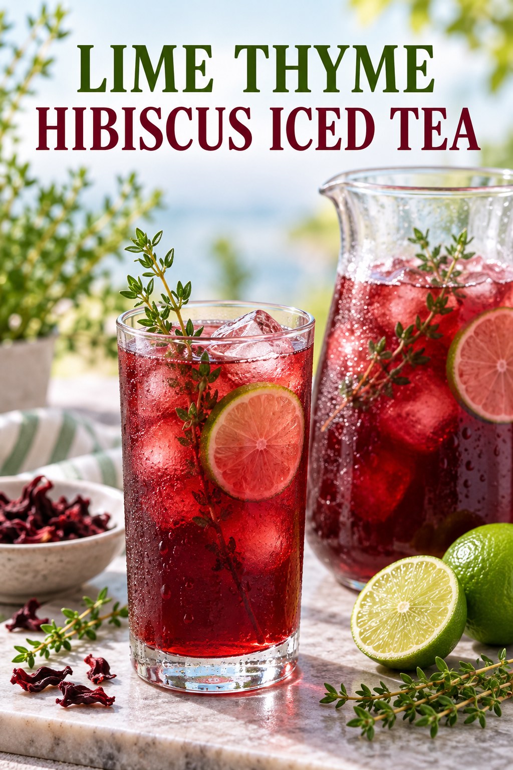 Portrait drink scene with lime, fresh thyme, ice, and a chilled glass of hibiscus iced tea.