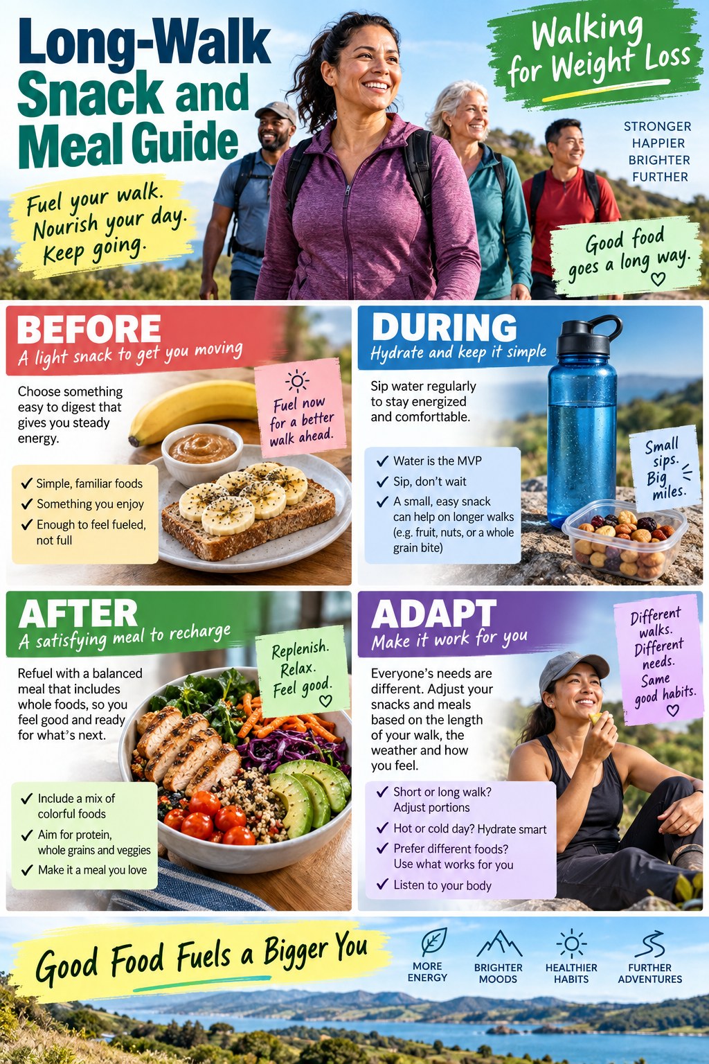 Portrait infographic showing a long-walk snack and meal guide with a pre-walk snack, water, packed food, and a balanced post-walk meal.