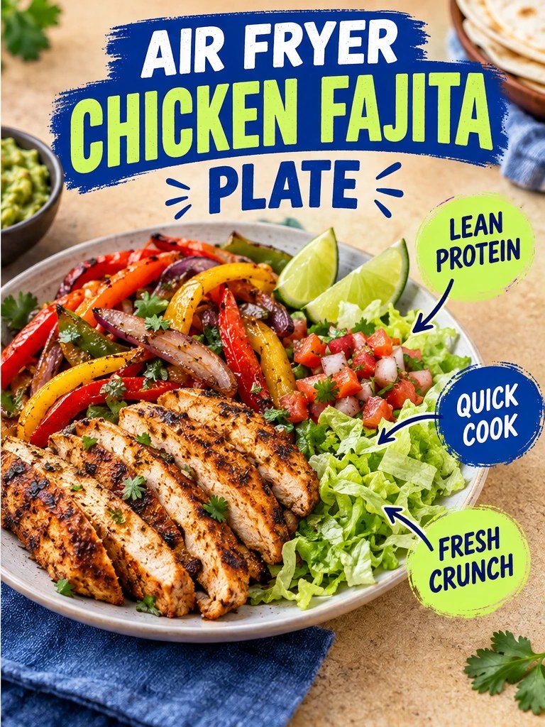 Air-fried chicken fajita plate with peppers, onions, lettuce, salsa, and lime in a bright infographic.