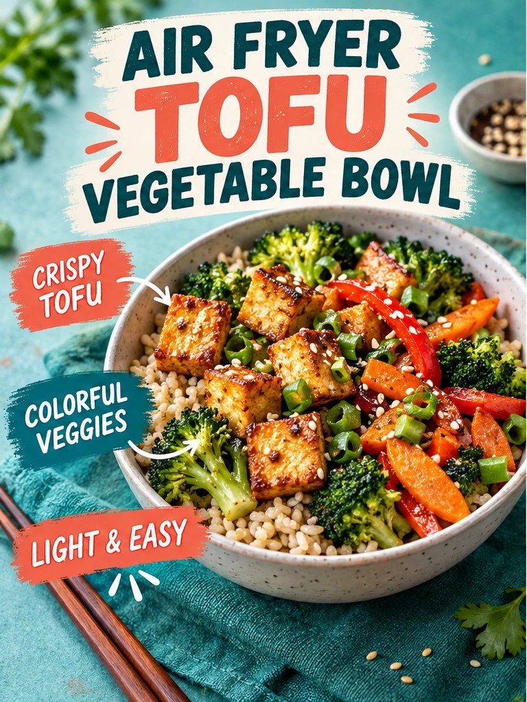 Crispy air-fried tofu with broccoli, peppers, carrots, and brown rice in a teal recipe infographic.