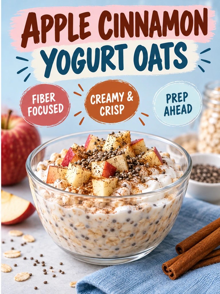 Oats with Greek yogurt, diced apple, cinnamon, and chia in a pale blue breakfast infographic.