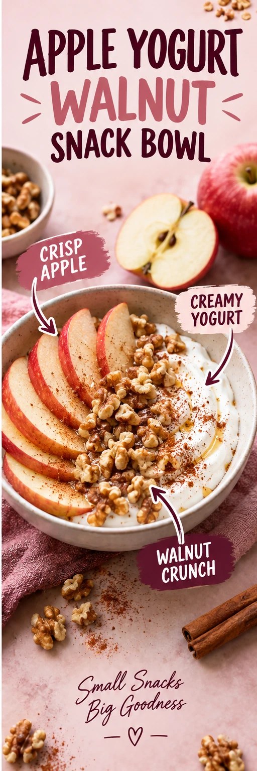 Apple slices, Greek yogurt, walnuts, and cinnamon in a blush snack infographic.