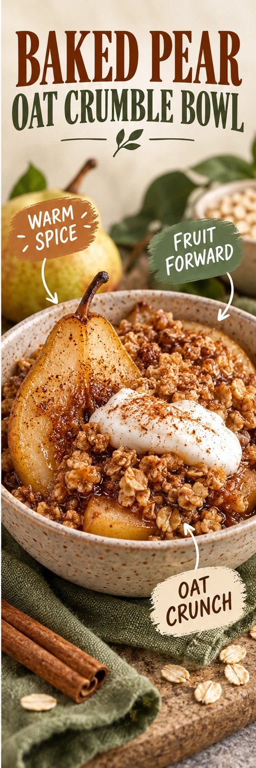 Warm baked pears with cinnamon oat crumble and yogurt in a sage and caramel infographic.