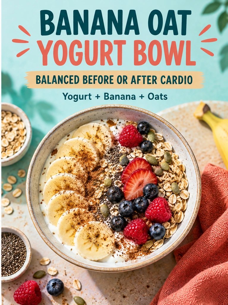 Greek yogurt bowl with banana, oats, berries, cinnamon, chia seeds, and pumpkin seeds