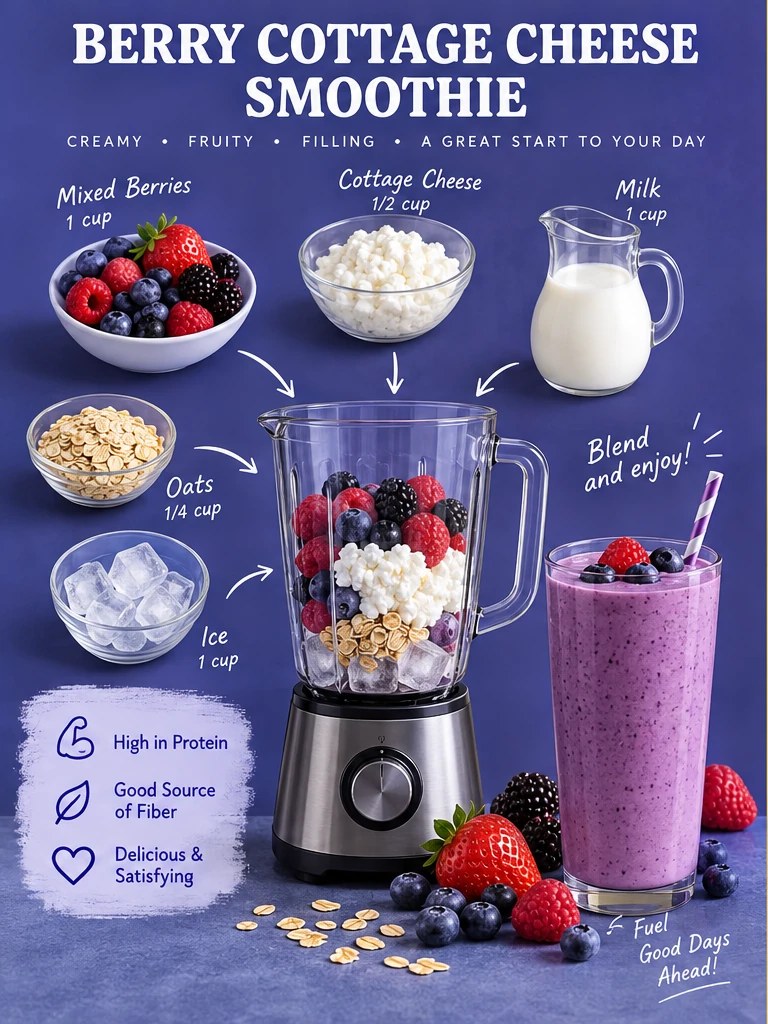 Berries, cottage cheese, milk, oats, ice, and a finished purple smoothie in an indigo infographic.