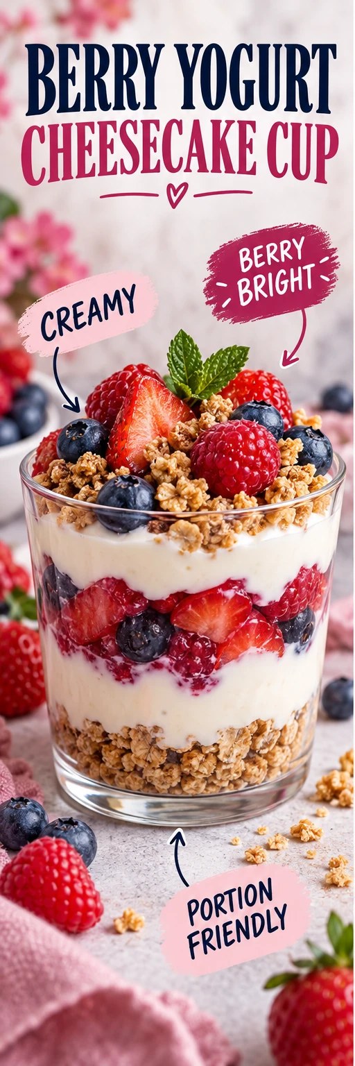Layered Greek yogurt cheesecake cup with berries and oat crumble in a berry-pink infographic.