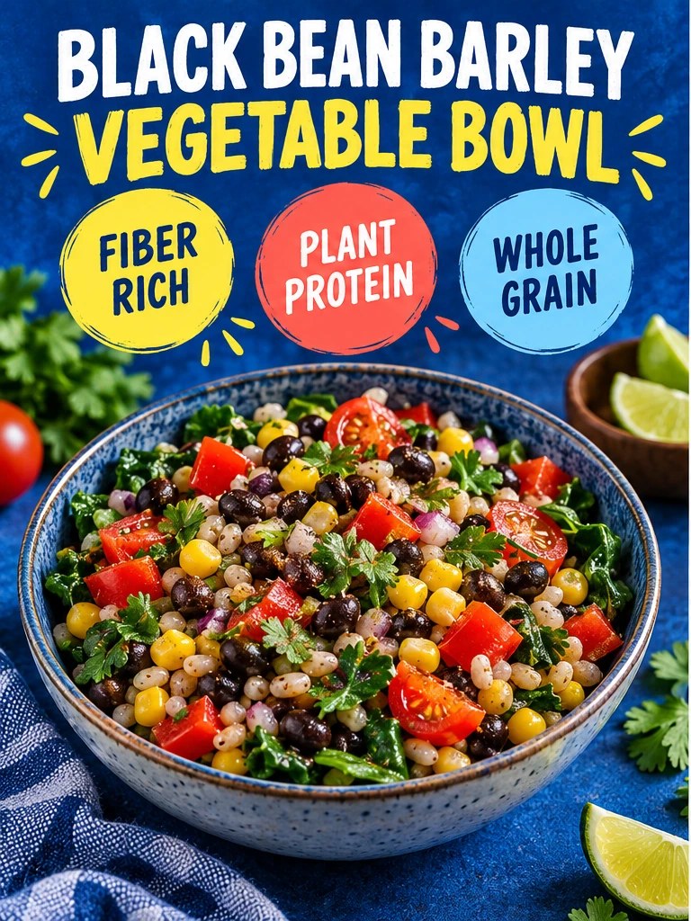 Black beans, barley, peppers, corn, tomato, and greens in a cobalt high-fiber infographic.