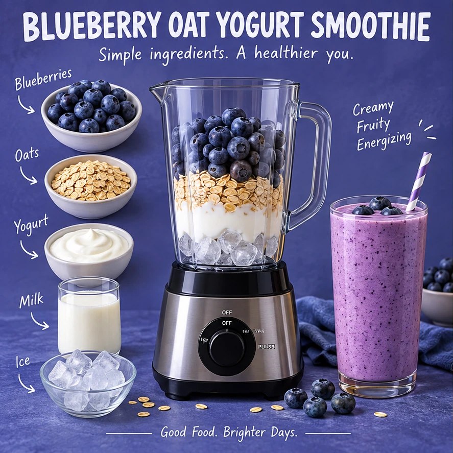 Blueberries, oats, yogurt, milk, ice, blender, and a finished violet smoothie in an indigo infographic.