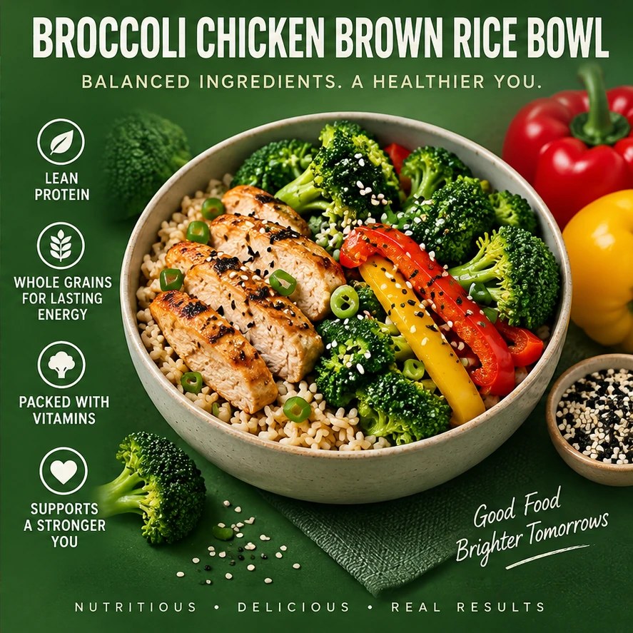 Chicken, broccoli, brown rice, peppers, and sesame in a green bowl infographic.