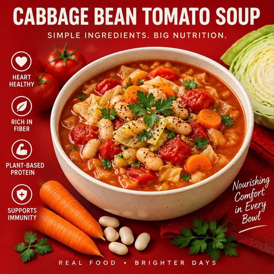 Cabbage, white beans, tomatoes, carrots, and herbs in a red soup infographic.