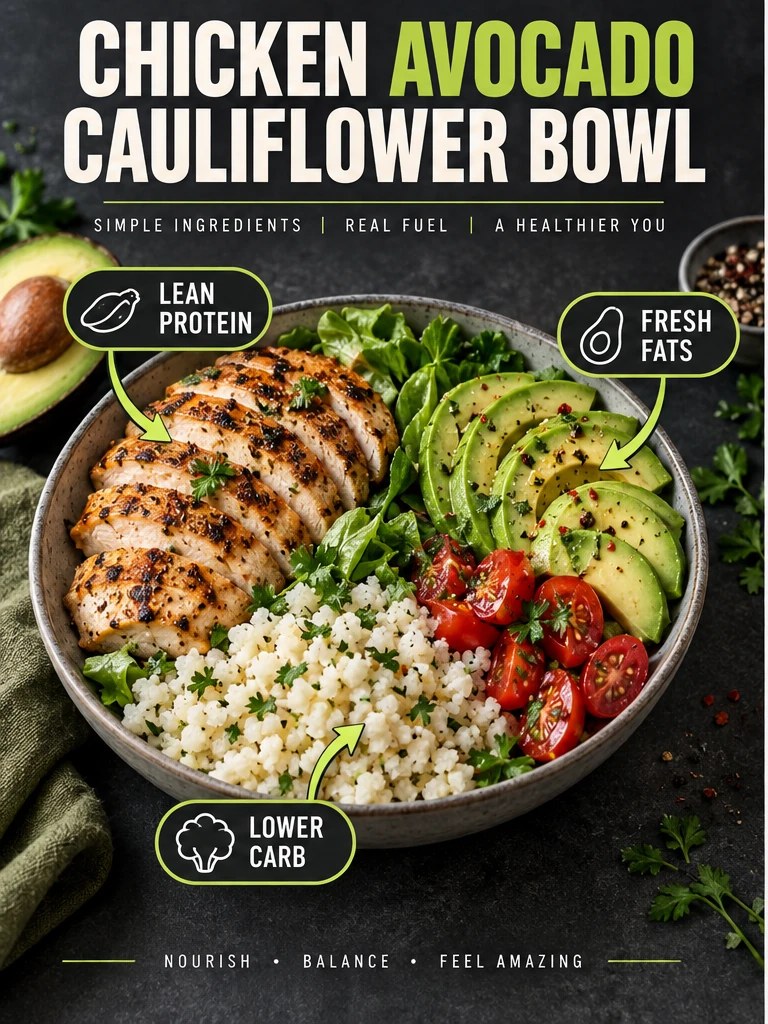 Chicken, avocado, cauliflower rice, lettuce, and tomatoes in a charcoal infographic.