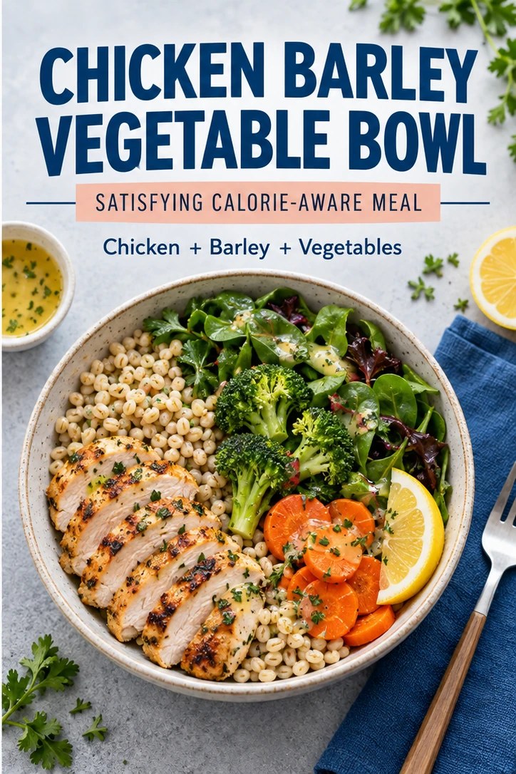 Chicken barley bowl with broccoli, carrots, leafy greens, lemon, and herb dressing