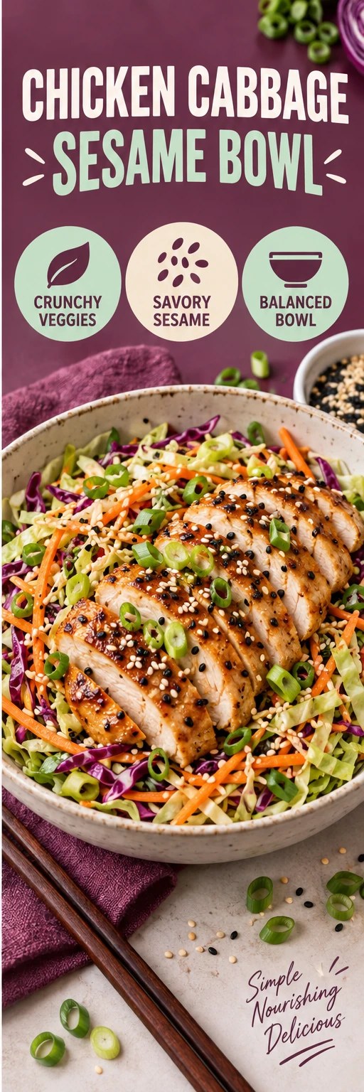 Sliced sesame chicken over shredded cabbage, carrots, and scallions in a plum infographic.