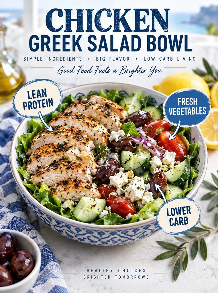 Chicken Greek salad with cucumber, tomatoes, olives, lettuce, and feta in a blue infographic.