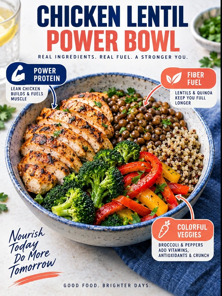 Chicken, lentils, broccoli, peppers, and quinoa in a cobalt high-protein infographic.