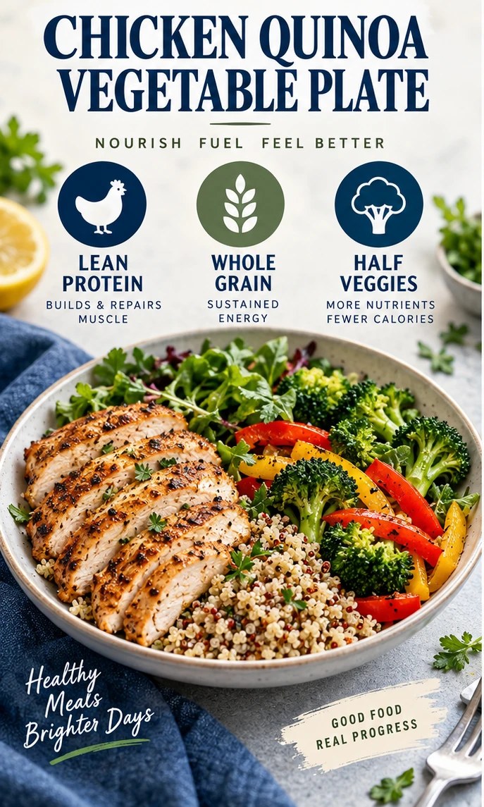 Grilled chicken, quinoa, broccoli, peppers, and greens on a balanced plate in a blue infographic.