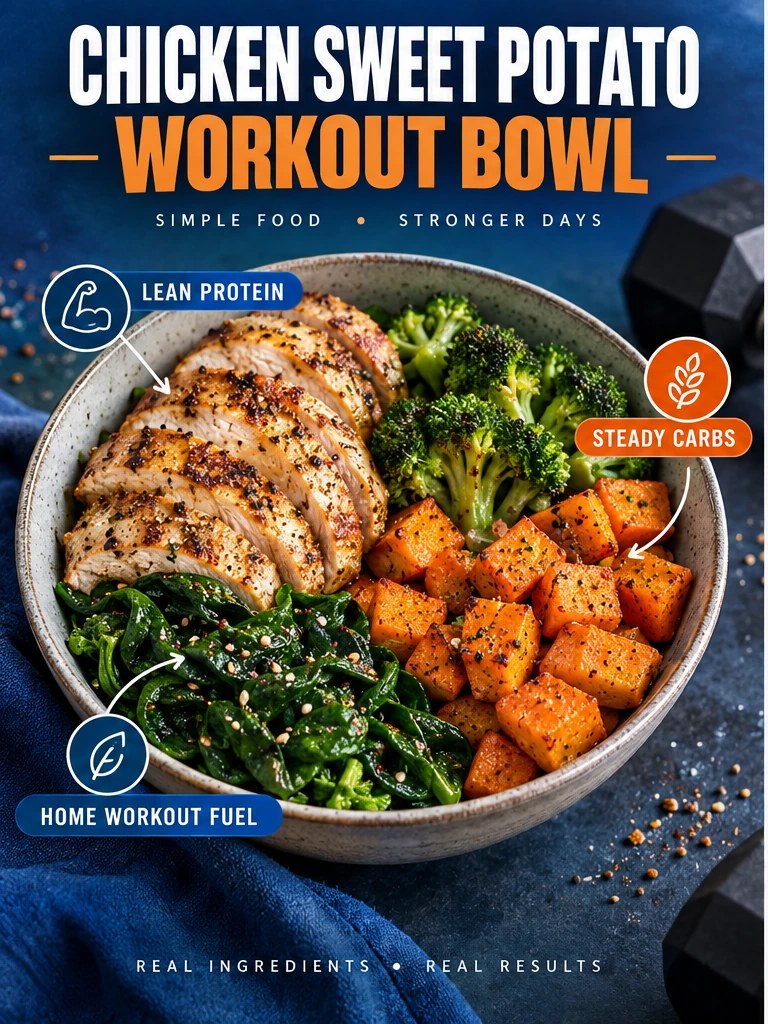 Chicken, sweet potato, broccoli, and spinach in a blue workout meal infographic.