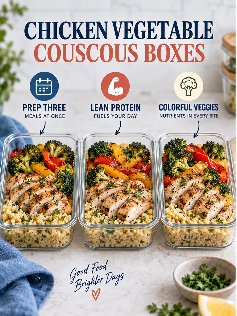 Three boxes with chicken, couscous, broccoli, and peppers in a blue meal-prep infographic.