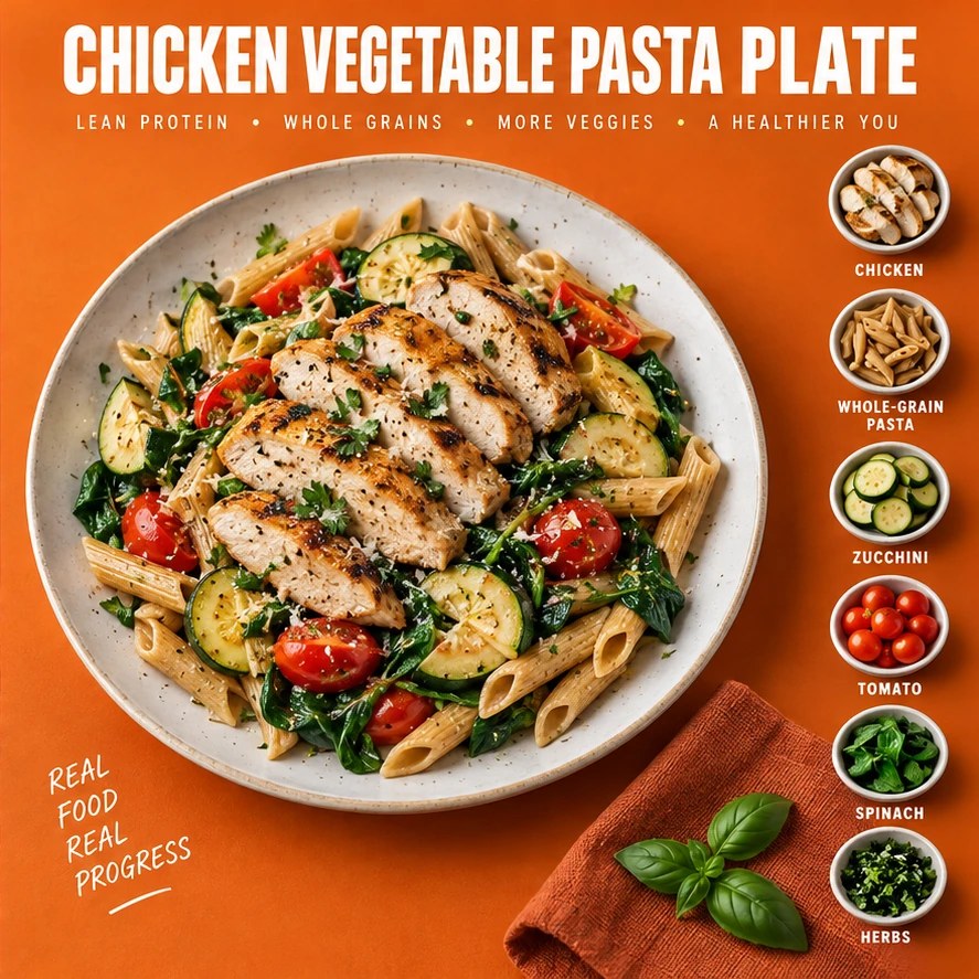 Chicken, whole-grain pasta, zucchini, tomato, spinach, and herbs in an orange infographic.