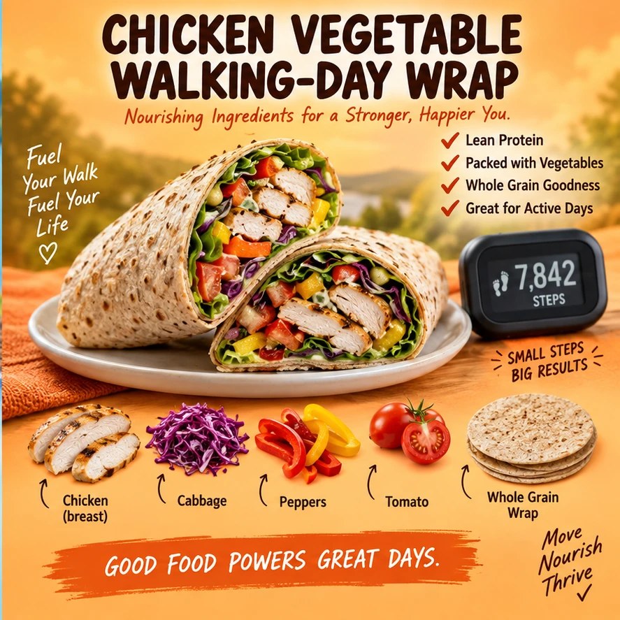 Chicken, cabbage, peppers, tomato, and whole-grain wrap with a step counter in an orange infographic.