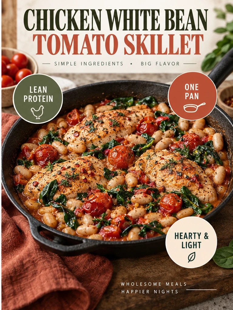 Chicken, white beans, tomatoes, and spinach in a terracotta skillet infographic.
