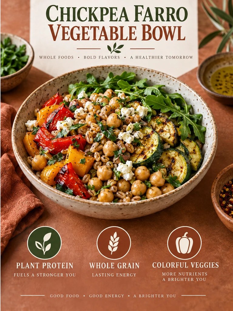 Chickpeas, farro, roasted peppers, zucchini, and greens in an olive infographic.