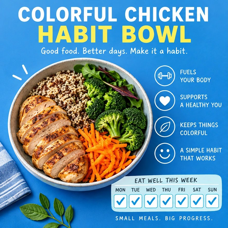 Chicken, grains, broccoli, carrots, greens, and weekly checkmarks in a blue habit-building infographic.