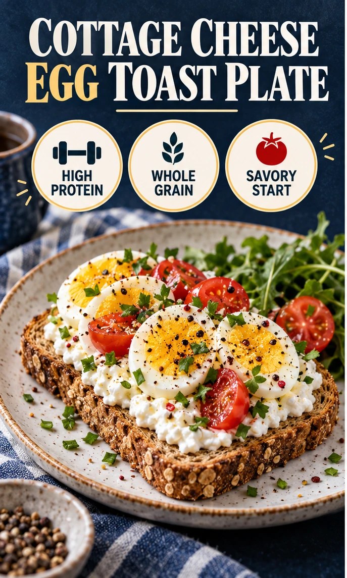 Whole-grain toast with cottage cheese, sliced egg, tomatoes, and herbs in a navy infographic.