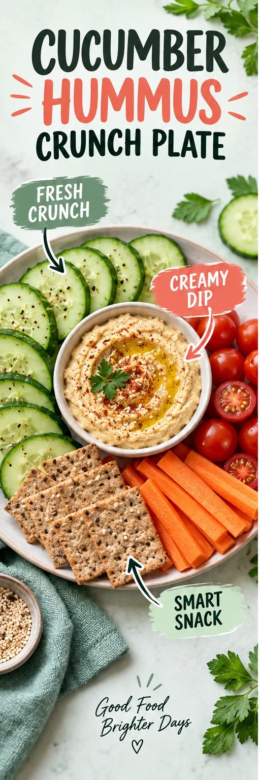 Cucumber rounds, hummus, tomatoes, carrots, and whole-grain crackers in a mint infographic.