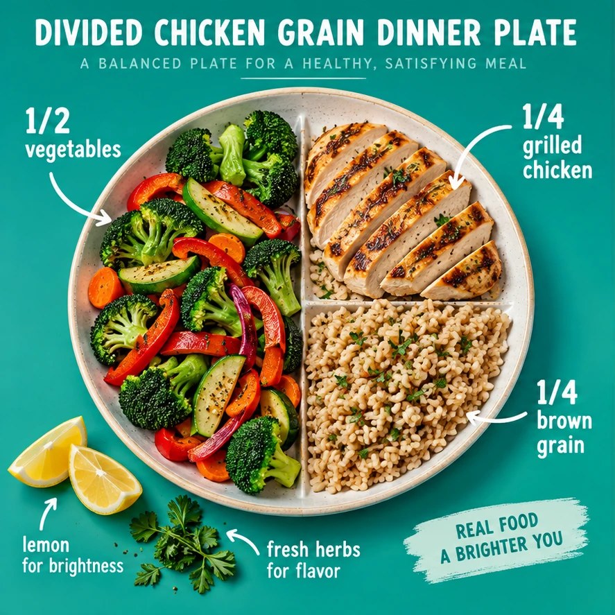 Divided plate with vegetables, grilled chicken, and brown grain in a teal portion-control infographic.
