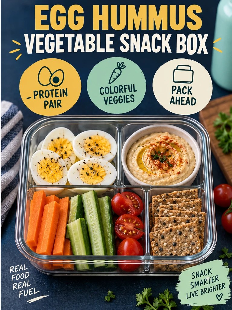 Boiled eggs, hummus, carrots, cucumber, tomatoes, and crackers in a navy snack infographic.