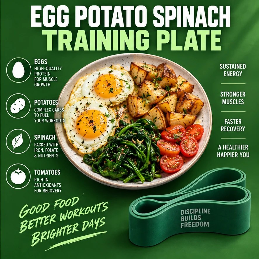 Eggs, roasted potatoes, spinach, tomato, and resistance band in a green training-meal infographic.