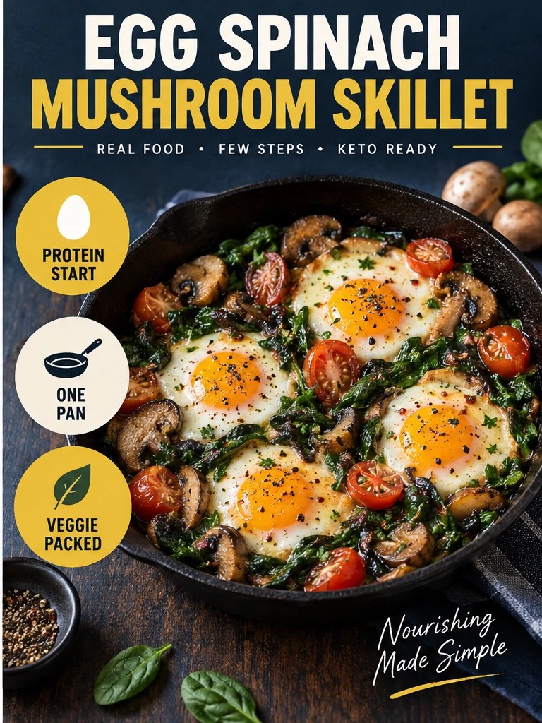 Eggs cooked with spinach, mushrooms, and tomatoes in a navy skillet infographic.