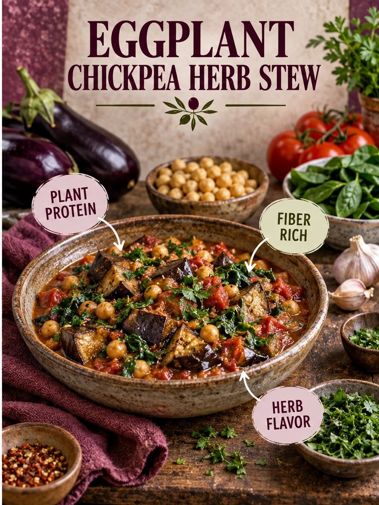 Eggplant, chickpeas, tomatoes, spinach, and herbs in a plum stew infographic.