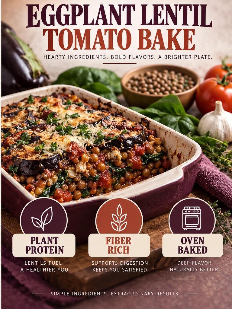 Eggplant, lentils, tomatoes, spinach, and herbs in a plum baked-dish infographic.