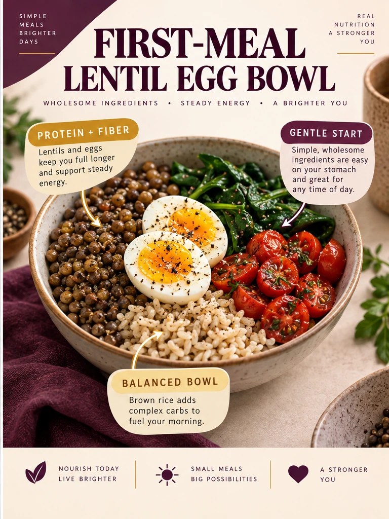 Lentils, egg, spinach, tomatoes, and brown rice in a plum first-meal infographic.