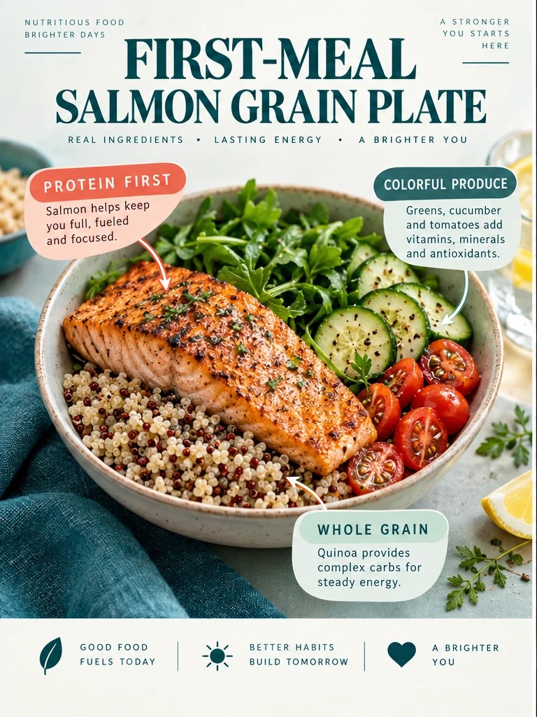 Salmon, quinoa, greens, cucumber, and tomatoes in a teal first-meal infographic.