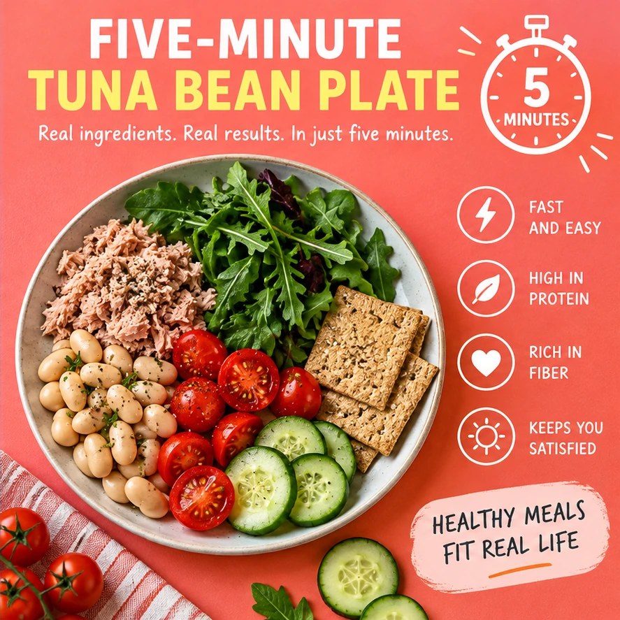 Tuna, white beans, tomatoes, cucumber, greens, crackers, and a five-minute clock in a coral infographic.