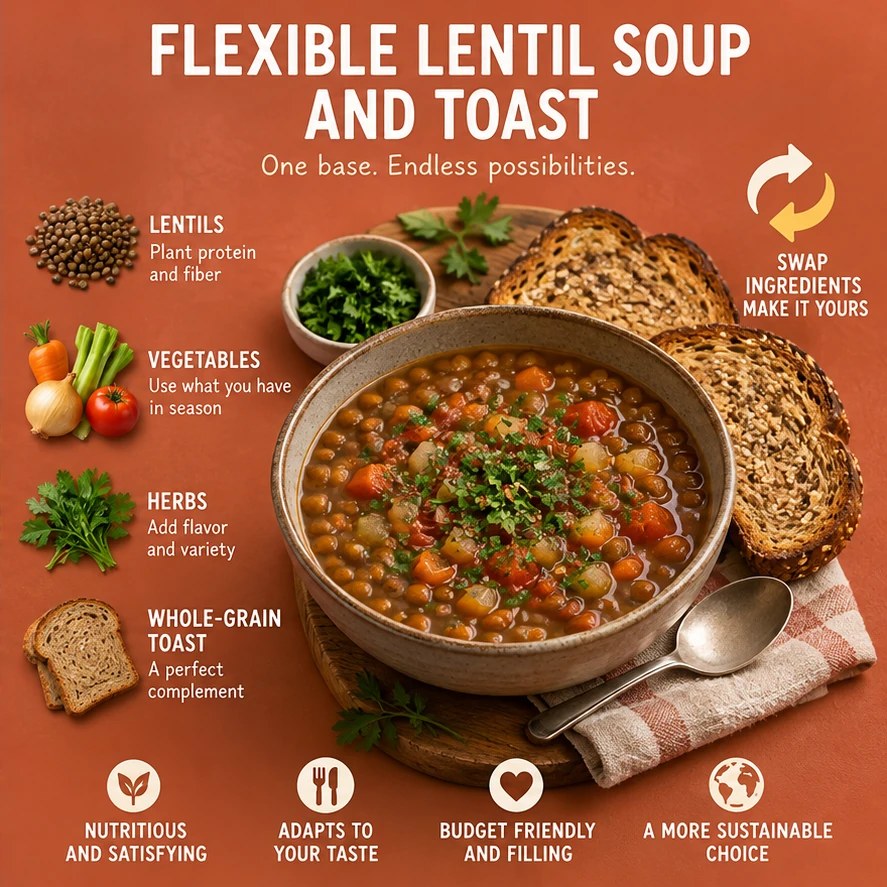 Lentil vegetable soup, whole-grain toast, herbs, and swap icon in a terracotta infographic.