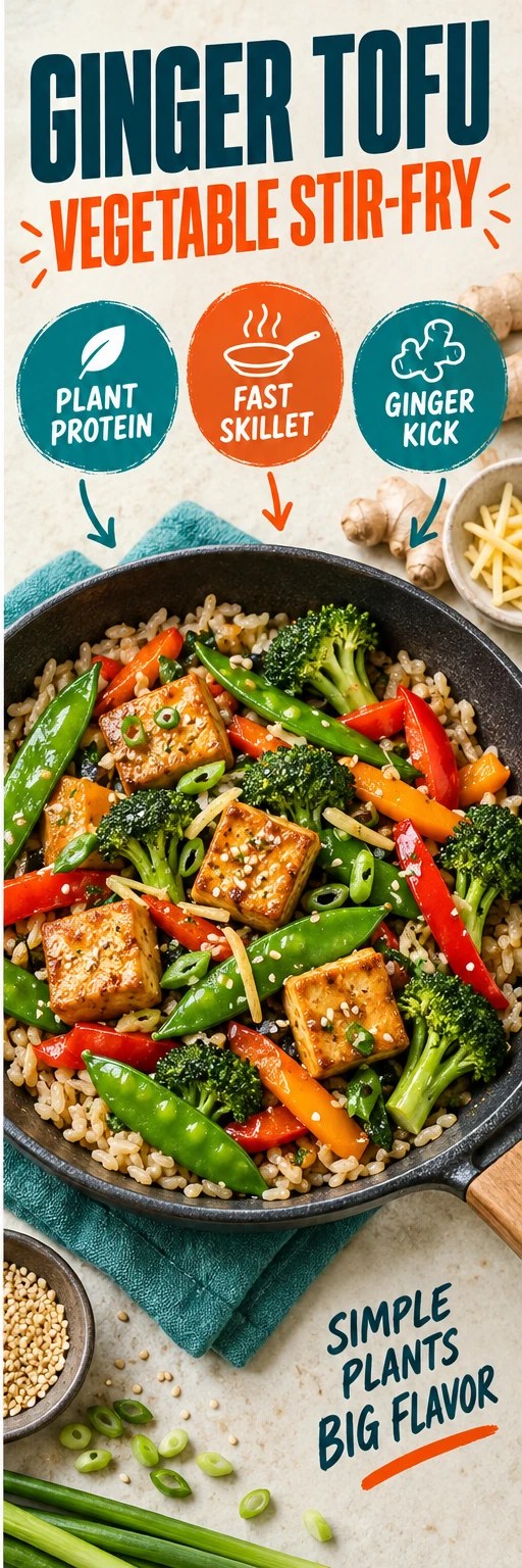 Ginger tofu stir-fry with broccoli, snap peas, peppers, and brown rice in a teal infographic.