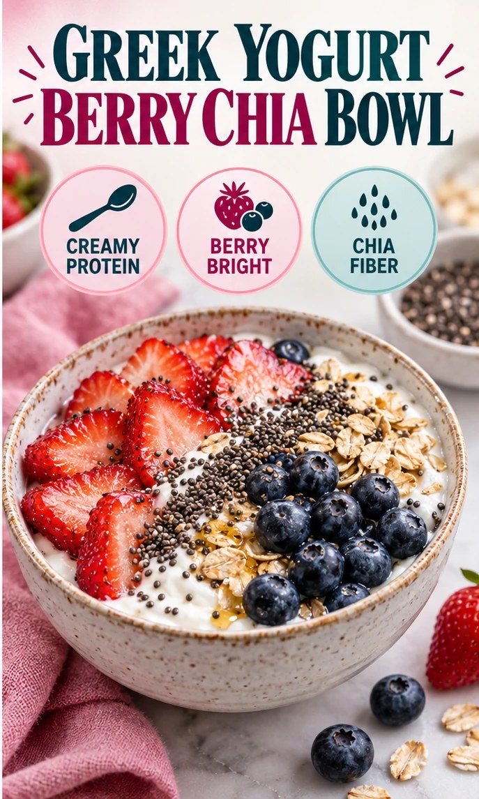 Greek yogurt topped with strawberries, blueberries, chia, and oats in a berry infographic.