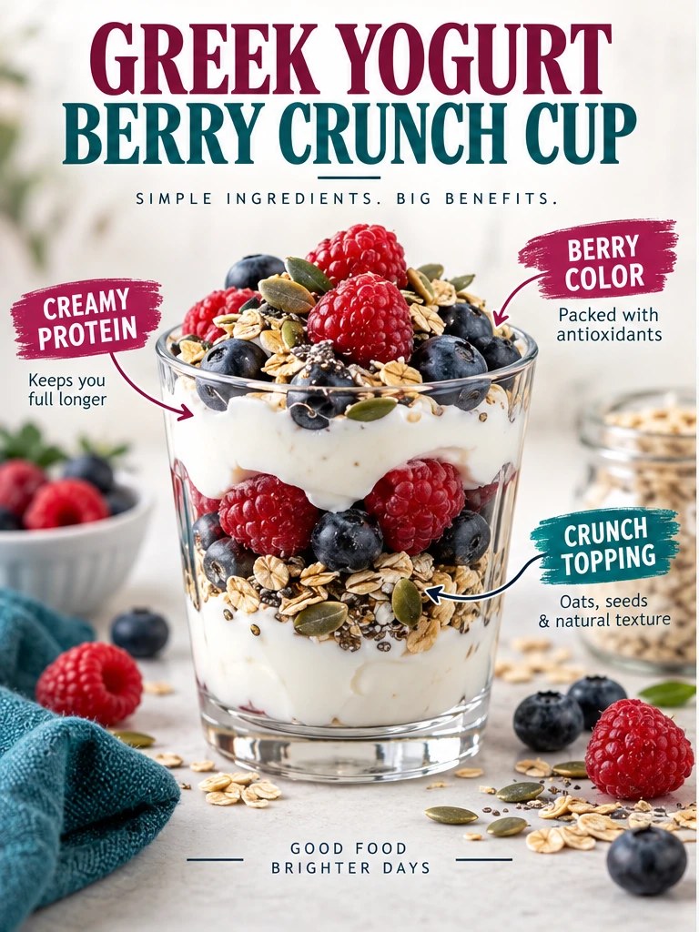Greek yogurt layered with berries, oats, and seeds in a berry snack infographic.